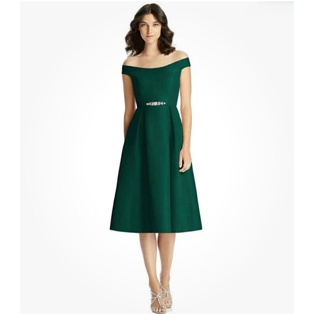 Jenny Peckham NWT Bardot satin hunter emerald green bridesmaid dress off shoulde